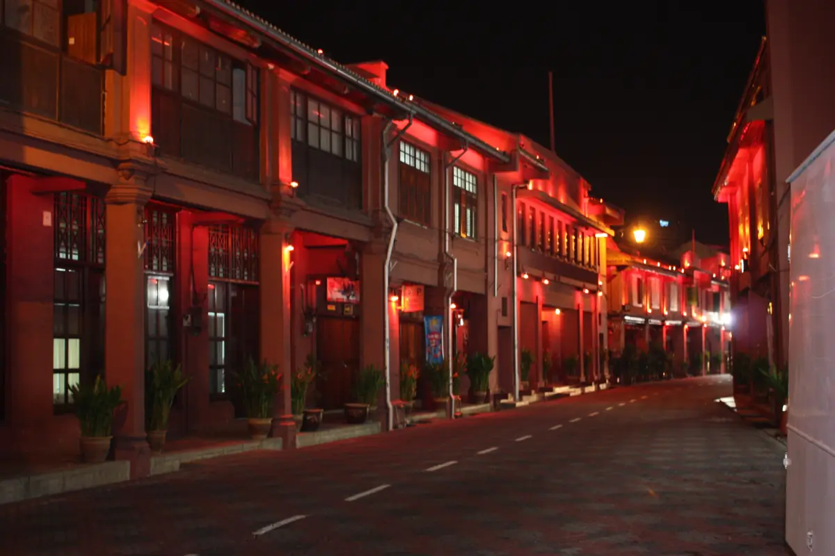 Heritage shophouses in Melaka, lit at night